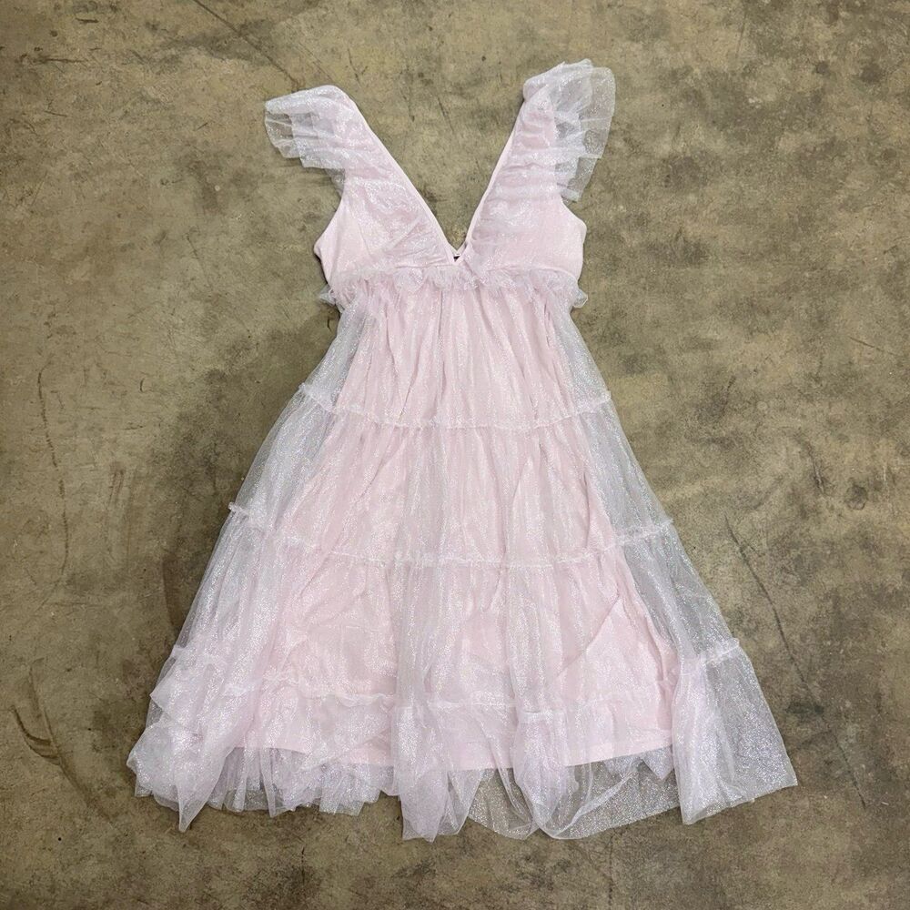 Glinda Sparkly shimmery coquette tiered ruffle pink maxi dress - Picture 2 of 8